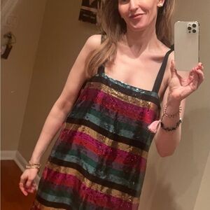 Petal & Pup Rainbow Colorblock Sequin, Sleevelesss, Silk-Lined Bow Shoulders. L.